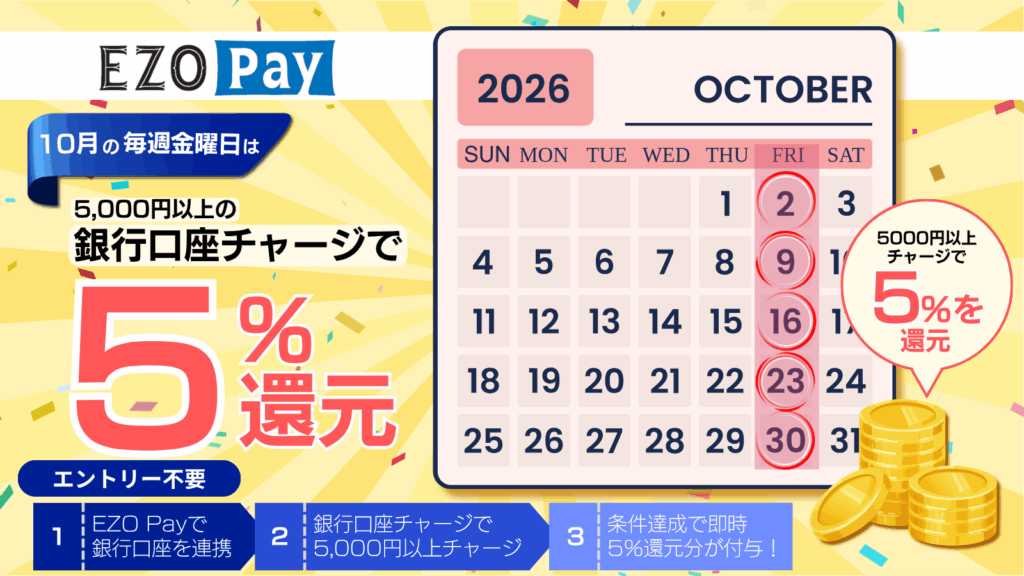10月は毎週金曜日銀行口座チャージ5％還元
